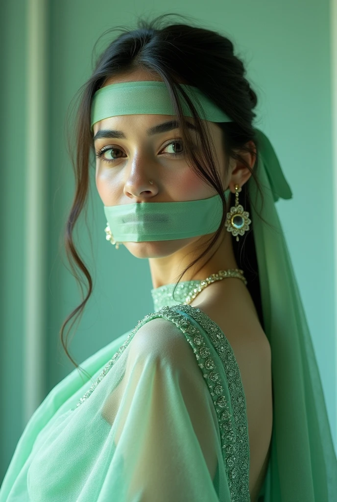 Aesthetic Indian Girl blindfolded Duct tape gagged in light green shimmering prom saree Taking selfie