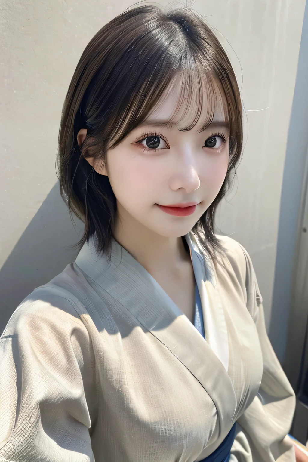 （kimono）、(top-quality,​masterpiece:1.3,超A high resolution,),(ultra-detailliert,Caustics),(Photorealsitic:1.4,RAW shooting,)Ultra-realistic capture,A highly detailed,High resolution 16K human skin close-up。 Skin texture is natural、,The pores are、Must be detailed enough to be easy to identify。 Skin should look healthy with even tones。 Use natural light and color,1人,japanes,23years old,kawaii,A dark-haired,Middle hair,,smil,Turn your body to the front,(front-facing view:1.2),,(、tear bags、solid bangs、best qualtiy、超A high resolution、depth of fields、chromatic abberation、、Wide range of lighting、Natural Shading、), (Large Breasts:1.3,