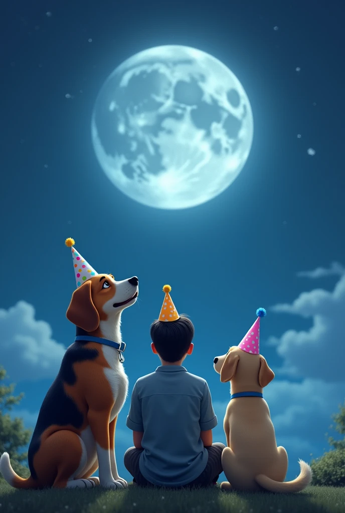 Two dogs with birthday hats back to back looking at the moon with a young man with birthday hat back to back sitting in the middle , A large beagle dog and a small caramel dog