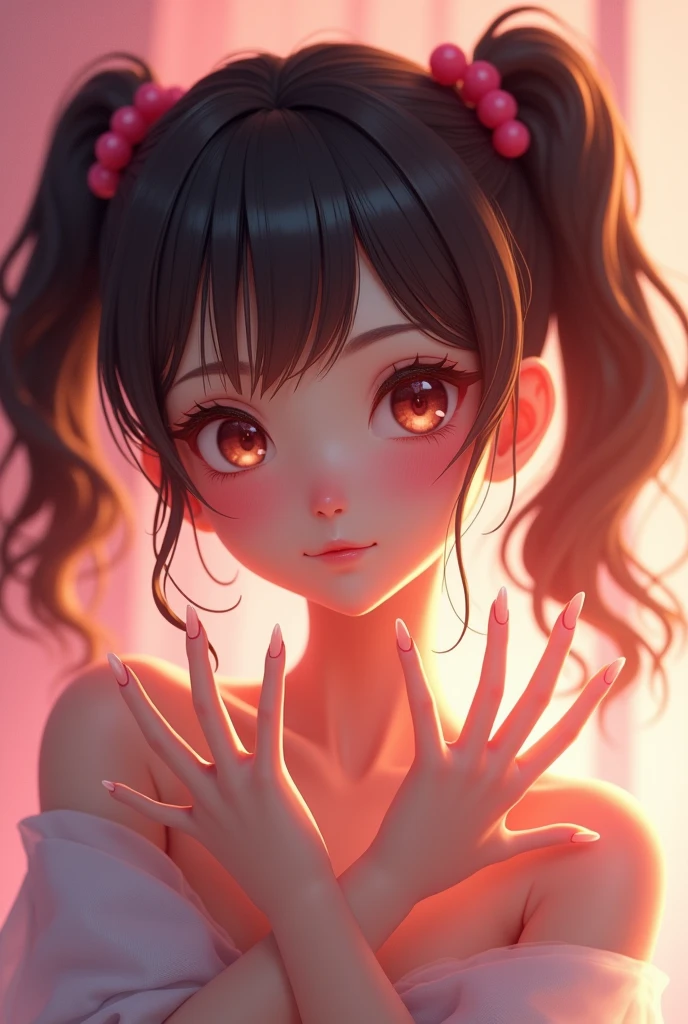 whole body, complete plan:1.3,(1 beautiful young woman:1.4, ((alone)) with twin pigtails hairstyle beautiful hair perfect hands 5 anatomically perfect fingers:1.4), dynamic pose ,Modern clothing, animated style, detailed face, pretty eyes, cute expression, hyper detailed and smooth soft lighting, in front of the camera, detailed representation, vibrant colors, elegant, Capricious, Very detailed, 8k, HD