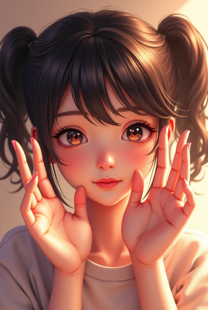 whole body, complete plan:1.3,(1 beautiful young woman:1.4, ((alone)) with twin pigtails hairstyle beautiful hair perfect hands 5 anatomically perfect fingers:1.4), dynamic pose ,Modern clothing, animated style, detailed face, pretty eyes, cute expression, hyper detailed and smooth soft lighting, in front of the camera, detailed representation, vibrant colors, elegant, Capricious, Very detailed, 8k, HD