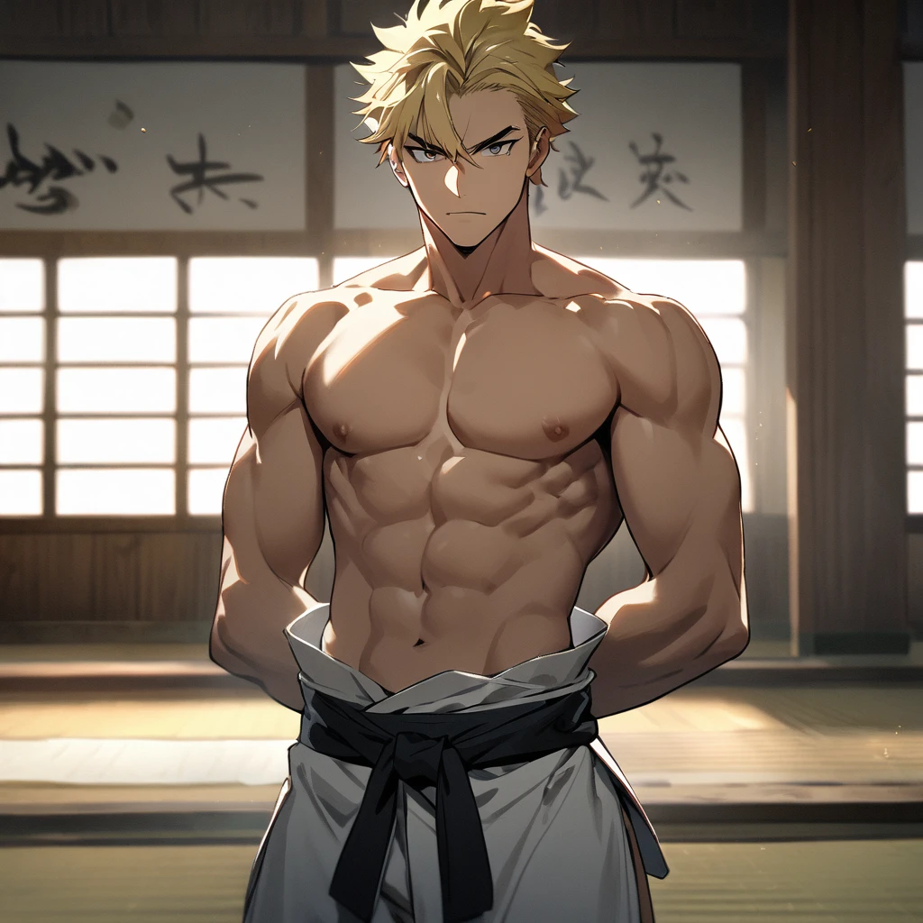 1boy, masculine , blond hair, fighter, shirtless, dojo , looking at the viewer