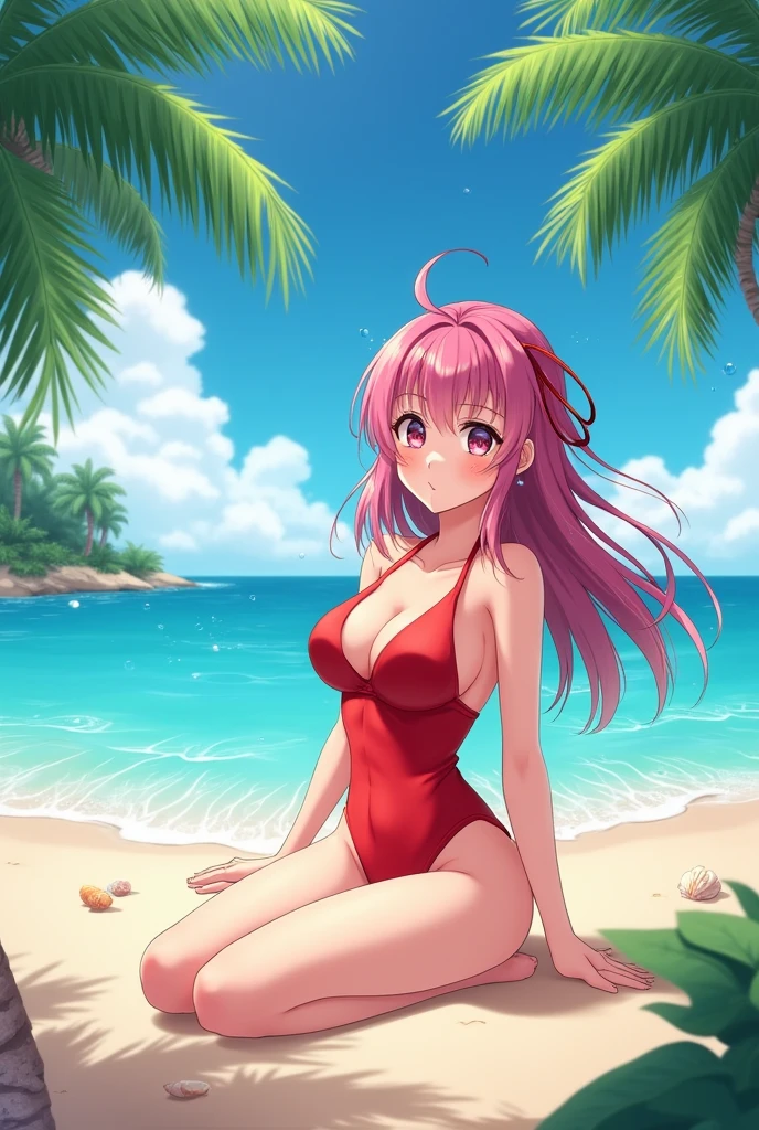 An anime waifu in a red swimsuit on a beach