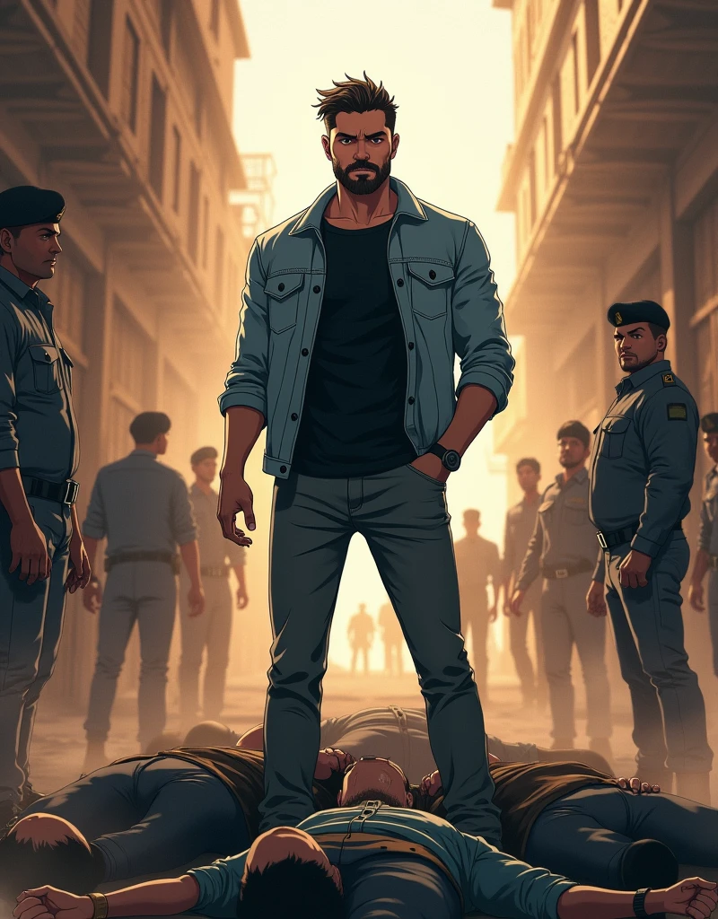 Create a anime style landscape long shoot image. Image is a dramatic action scene featuring a handsome man standing dominantly over several fallen individuals. The man, with a rugged appearance, has a beard and mustache, and is wearing a light blue denim jacket over a black shirt, paired with dark jeans. His skin is fair tone. The background includes several uniformed men, likely police officers, standing and observing the scene. The setting appears to be an industrial or warehouse area, with a dusty atmosphere and sunlight streaming in from above, creating a high-contrast, intense visual effect. And must be behind him add title "Ismart Shankar" perfectly match.