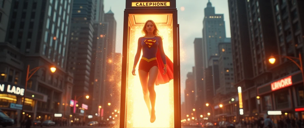 Helen Slater transforming into Supergirl (((1980 Superman costume)))in a phone booth; Supergirl jumping into the sky