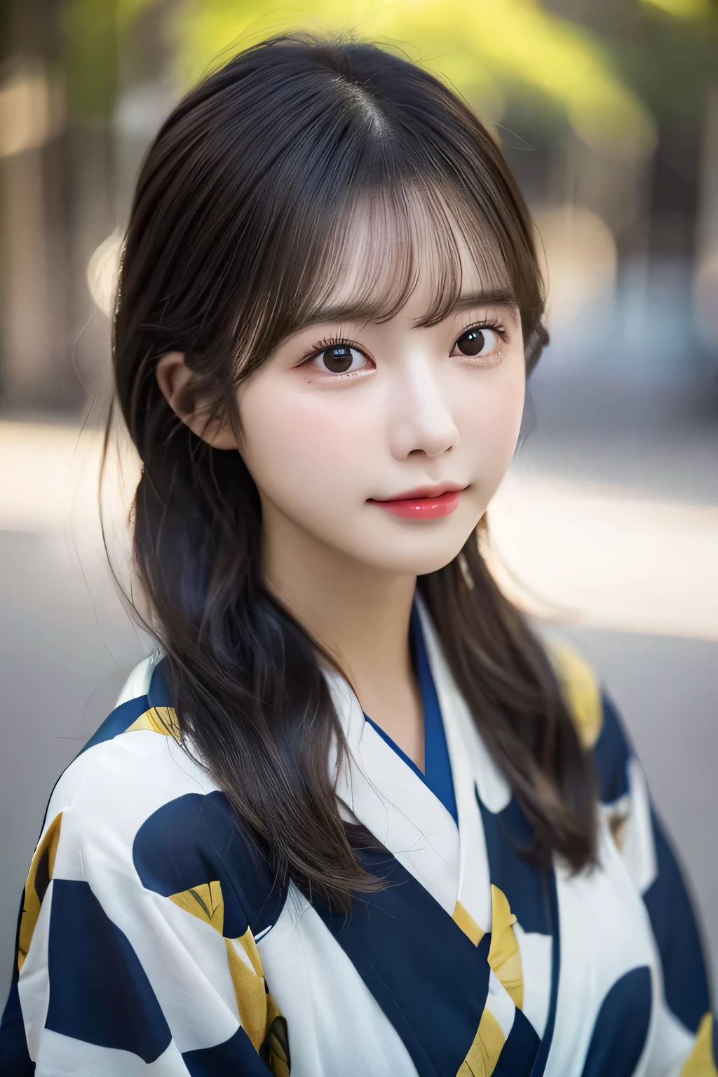 （kimono）、(top-quality,​masterpiece:1.3,超A high resolution,),(ultra-detailliert,Caustics),(Photorealsitic:1.4,RAW shooting,)Ultra-realistic capture,A highly detailed,High resolution 16K human skin close-up。 Skin texture is natural、,The pores are、Must be detailed enough to be easy to identify。 Skin should look healthy with even tones。 Use natural light and color,1人,japanes,23years old,kawaii,A dark-haired,Middle hair,,smil,Turn your body to the front,(front-facing view:1.2),,(、tear bags、solid bangs、best qualtiy、超A high resolution、depth of fields、chromatic abberation、、Wide range of lighting、Natural Shading、), (Large Breasts:1.3,