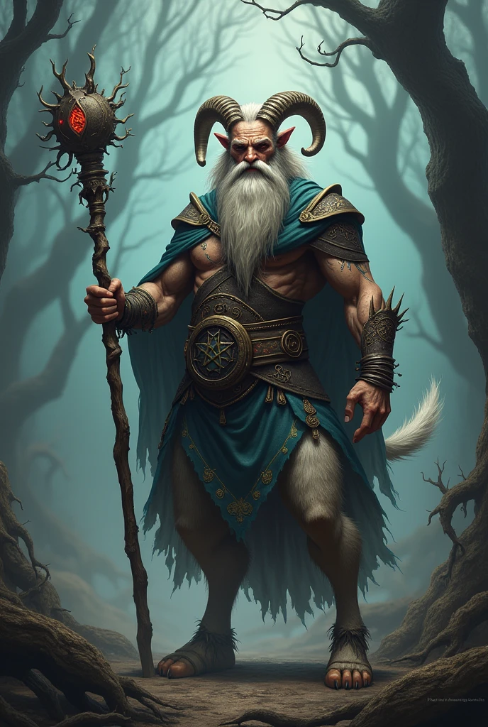 Create a wizard with a human upper body and a goat lower body.