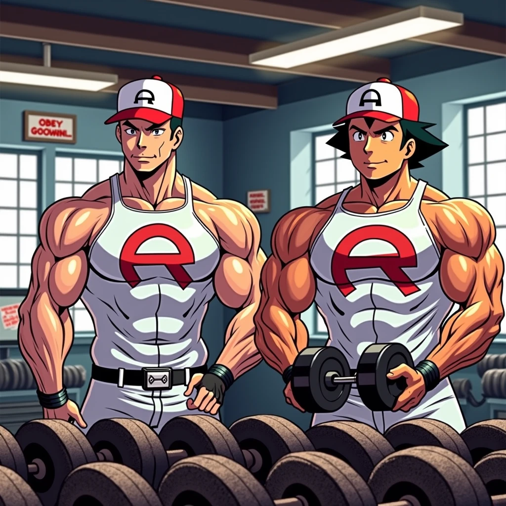 Ash Ketchum and Gary Oak from Pokémon wearing Team Rocket uniforms while lifting dumbbells in a gym staring ahead blankly under hypnosis into a monitor displaying a hypnotic spiral while repeating the mantra, "Obey Giovanni...." and growing into muscular Team Rocket grunts loyal to Giovanni. Digital art. big biceps. big triceps. broad shoulders. big traps. Big meaty pecs. Swollen glutes. Dumber and dumber. IQ drain. brainwashing. big traps. big deltoids. Big lats. Hyper bulging crotch.