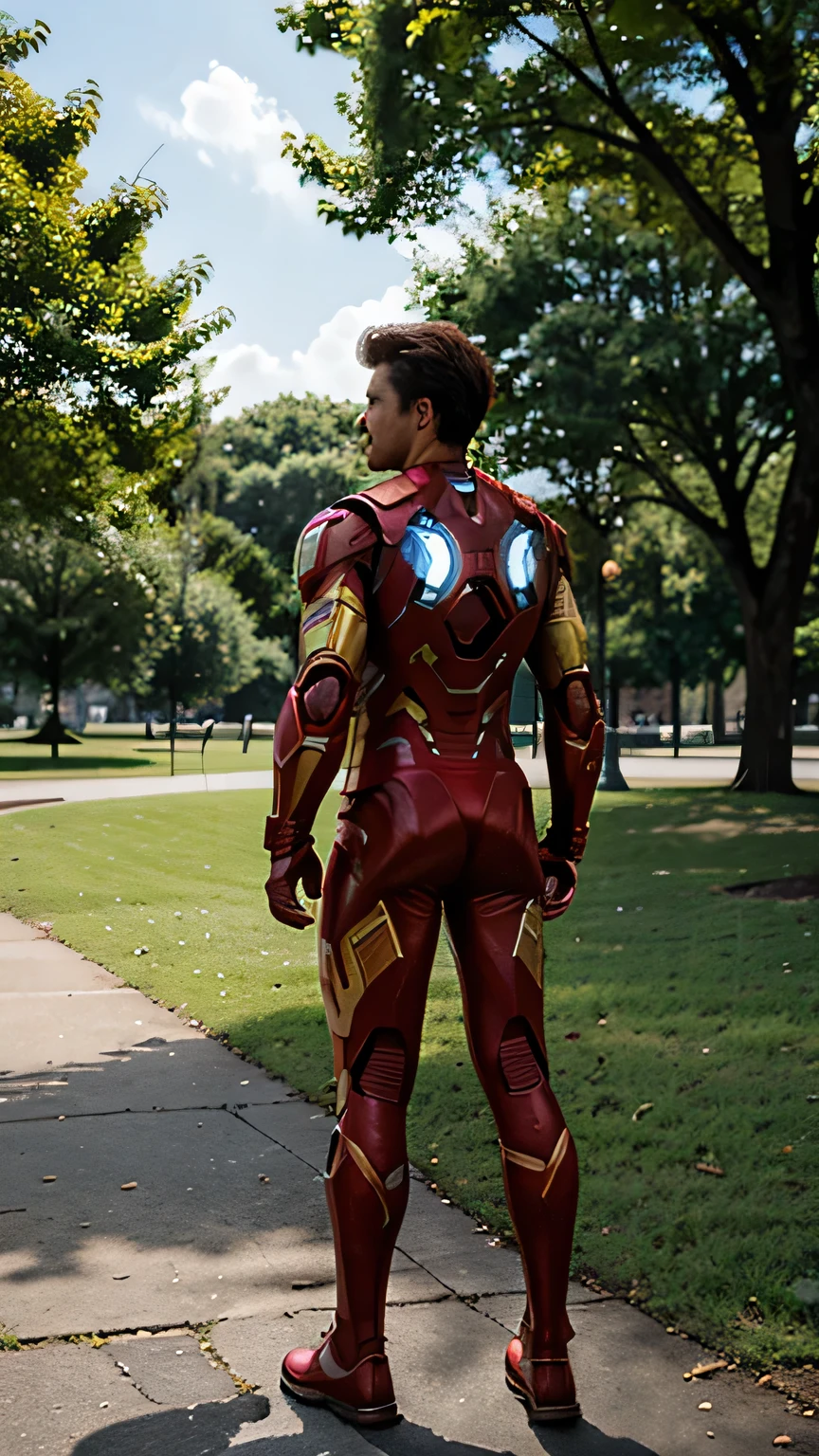 iron man with his back turned in a park shown from afar full body