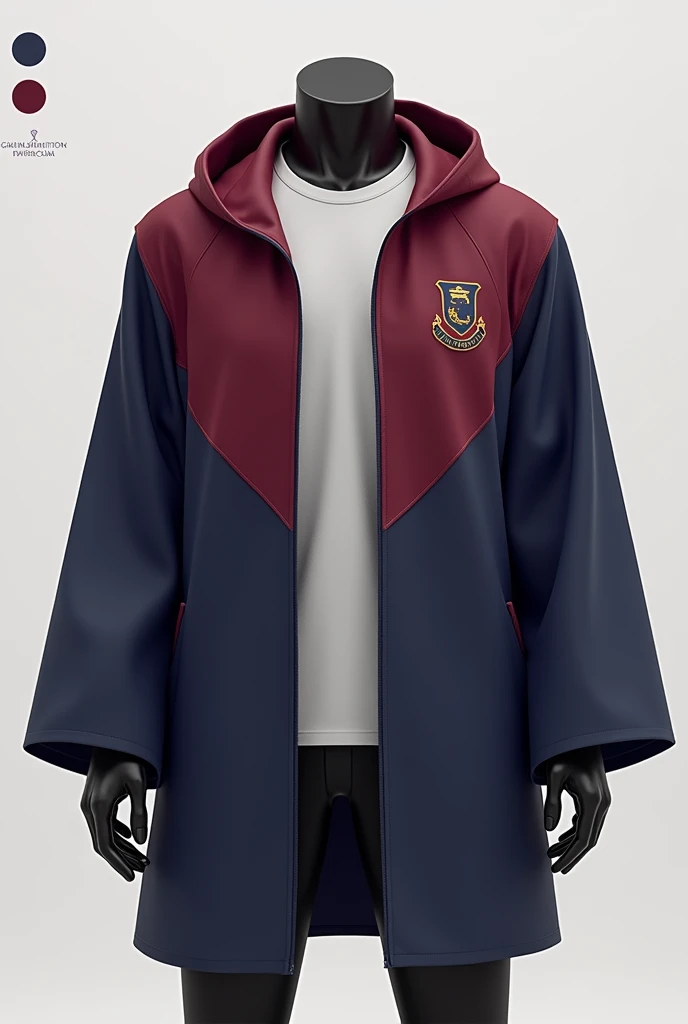 A design of a t-shirt and a jacket for graduates, that it is burgundy color, grey and blue, that can be seen from all angles