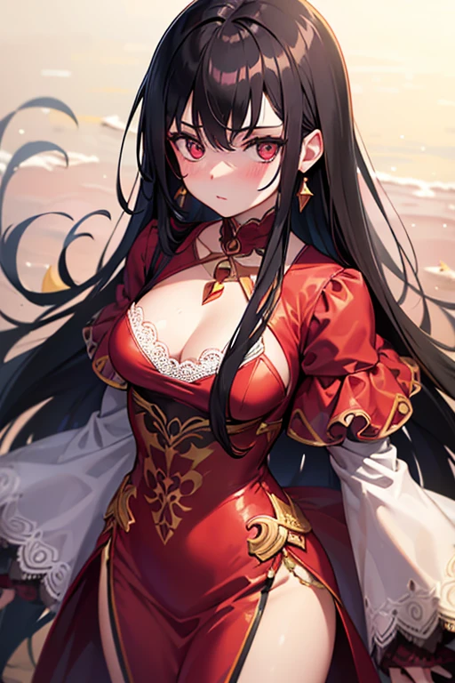 work of art, best qualityer, 1 girl, standing alone, ((medium breasts)),long hair, Bblack hair, red decoration on the head, pink highlights, amber eyes, aretes, sharp looking eyes, necklase, lace dress, yellow dress, blush, looking ahead at viewer