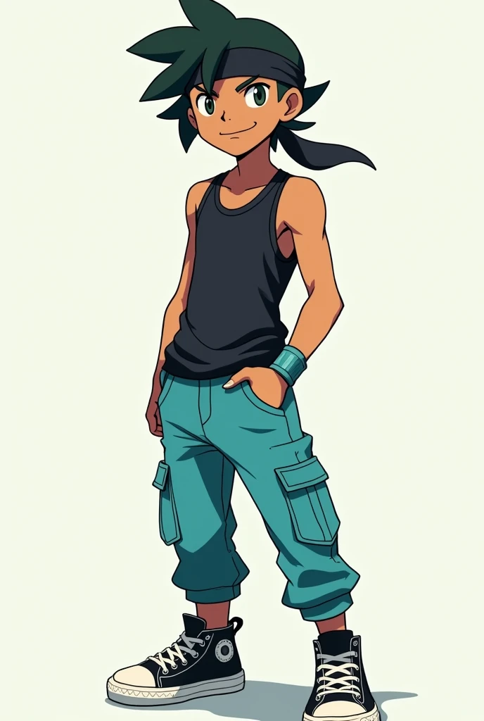 Make an Indian Pokémon trainer with a skater outfit and a bandana on his forehead. I want the color of his clothes to be black and cyan, but I want it with Pokémon anime features. I want the black bandana. Last request, I want him like that. I just want him to change his hair. Give him a mid-part cut.