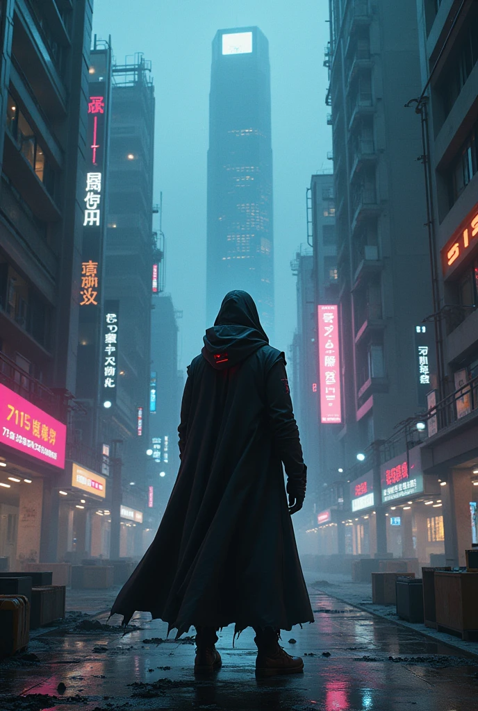 man in hood with his back turned,cyberpunk style game
