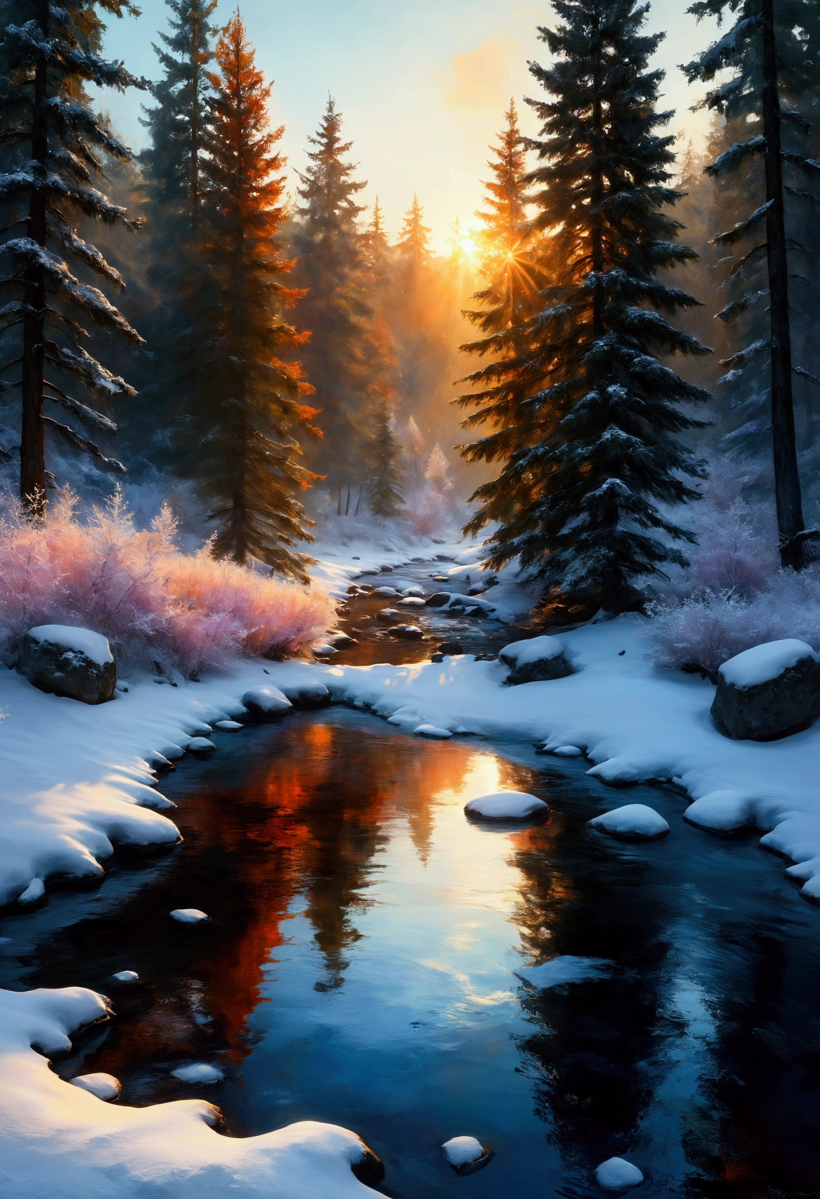 "Create an award-winning, masterpiece painting of a snowy landscape bathed in the warm light of golden hour. The soft glow of sunrise or sunset casts a gentle warmth over the snow, creating long, contrasting shadows against the cooler tones of the snow and ice. Incorporate subtle blue hues in the shadows and reflections to add depth and emphasize the cold, yet vibrant atmosphere. The painting should include natural elements like snow-dusted evergreen trees, colorful rocks emerging from the snow, and a partially frozen stream with flowing water, adding texture and contrast. The sky should be a rich gradient of pinks, purples, oranges, and blues, with these colors reflecting on the snow and ice to enhance the visual interest. Introduce patches of autumn-colored foliage and evergreen trees, along with wildlife such as a red fox to bring life to the scene. If theres a body of water, use reflections to break up the expanse of white and introduce dynamic elements. Consider adding human elements like a warmly lit cabin, and footsteps in the snow, to infuse the painting with warmth and narrative, creating a truly captivating and immersive masterpiece."