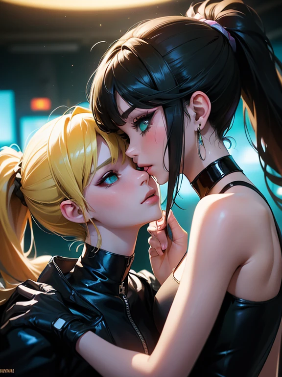 (masterpiece, best quality, 8k, sharp focus, depth of field, best shadows, perfect lights, HDR, realistic skin texture, ultra-detailed background, detailed), anime style, 2 women kissing (one of them has green eyes, white skin, black hair with ponytail, choker, small breasts, slim, makeup, eyeliner, glitter), (the other woman has blonde hair), at a night club, cyberpunk theme,  Cyberpunk City.