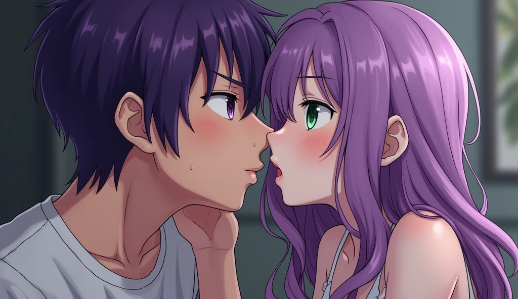 A girl with purple hair and green eyes, anime style, Naked in a room lying on the bed , while the naked boy with purple hair and blue eyes, He puts his penis in the girl&#39;s vagina.