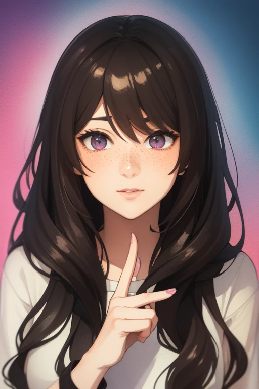 Full body, a woman with freckles, dark brown eyes, and an upturned nose, she is happy, with one peace sign hand, she has long wavy black hair, wearing aviator sunglasses with clear lenses in a soft watercolor style. The girl must be in pink, purple, and blue in celebration of the bisexual, with stains of ink and watercolor mixing and filling the scene. There should be a subtle, nuanced change in colors using the impasto technique with gouache paint. There should be a light rain in the watercolor painting with a little watercolor paper texture and a pastel background.