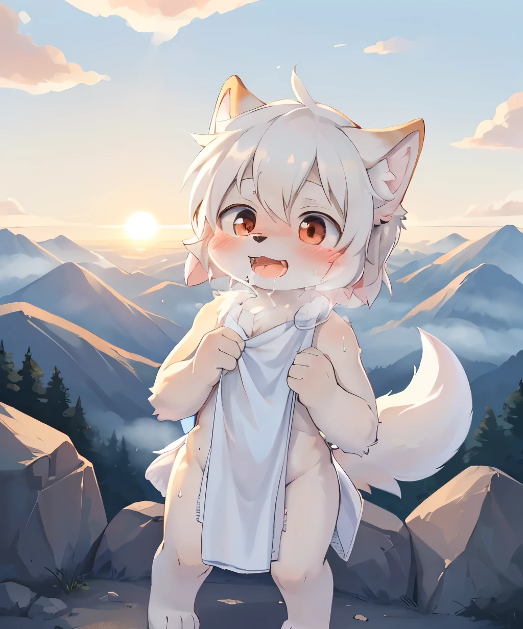 kemoshota, best quality,best resolution,(fluffy anthro furry :1.6),(young :1.6),  dog shota, dachshund, albino white fur, naked, heavy breath, plenty drool, dynamic angle,  boy,Masterpiece,cub,best resolution, white hair boy, ears, tail, pubic fur, sweating, full face blush, naked towel, Solo, kemono, blushes, look at camera, smile open mouth, standing on mouth, view from mountain, cloud fog background, sunrise time, beautiful contrast of light and dark, tiny small flaccid phimosis, 