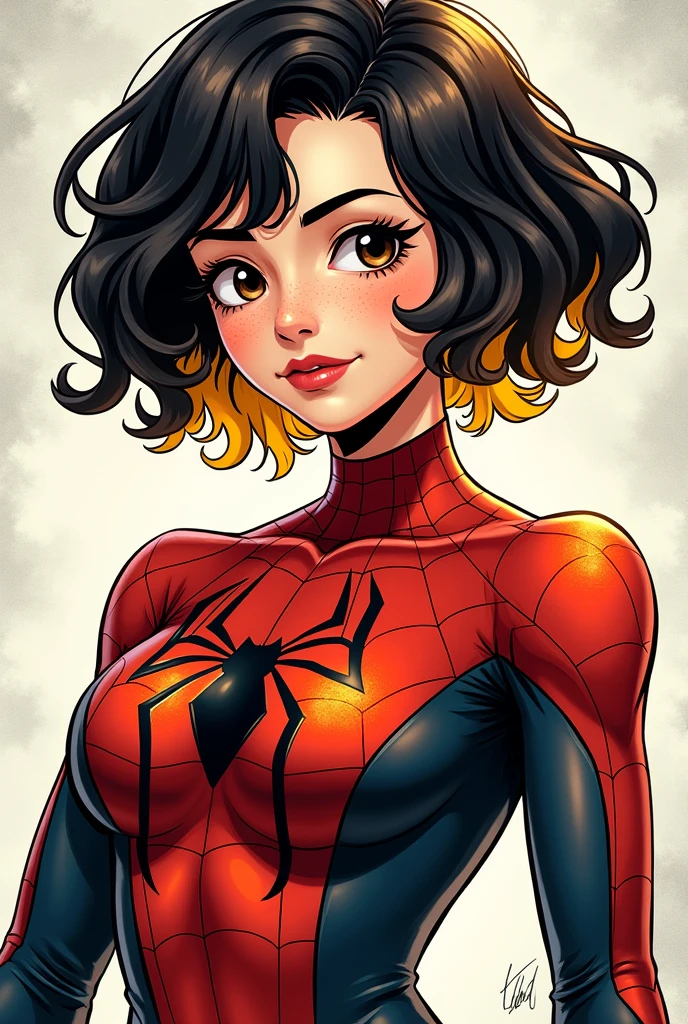 Make me a comic book girl dressed as spiderwoman, quite a bit of short curly black hair with yellow part below, semi-slanted eyes, semi-wide nose with freckles on parts of his face, face outlined with something round, Very pretty semi-wide lips and white skin, black eyes with some brown.. We don't know much
