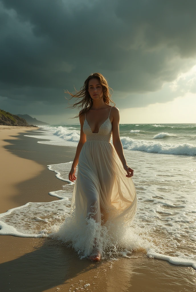 The person emerges from the storm waters, is sol nasce. She's on a deserted beach, taking a deep breath and feeling the peace.