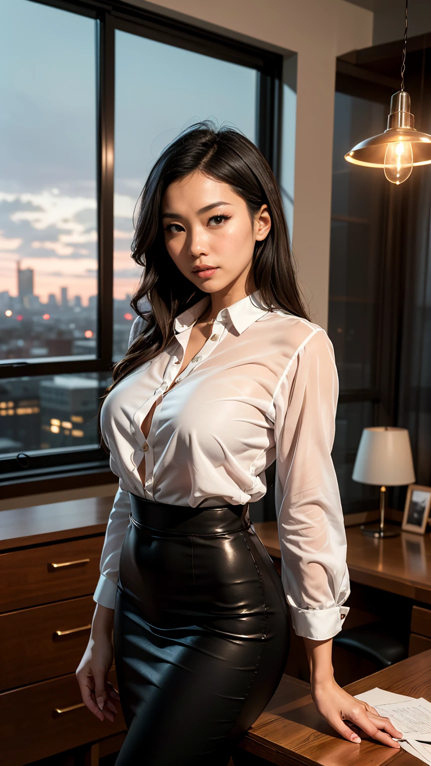 Super Detailed image of gorgeous asian woman, innocent smile, nude wearing leather raincoat, sexy, standing in office, perfect make-up, wavy hair, cannon 6d, octane render, striking, expressive look, alluring look, determined look, strong eyeliner, mesmerizing eyes, elegant, graceful, natural beauty, magnetic, charismatic, versatile, photogenic, backlit