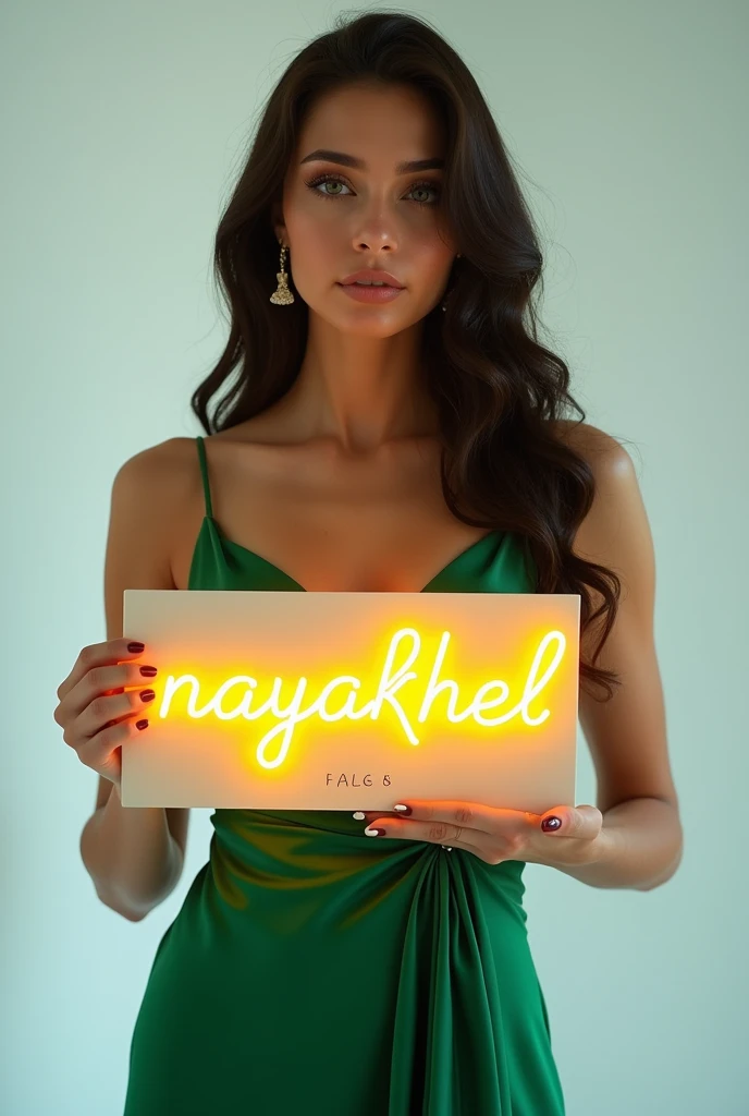 A beautiful russian girl wearing green silk dress, holding a golden light neon sign board, having a text in capital letters "WWW.NAYAKHEL.COM" showing to the viewers with white background