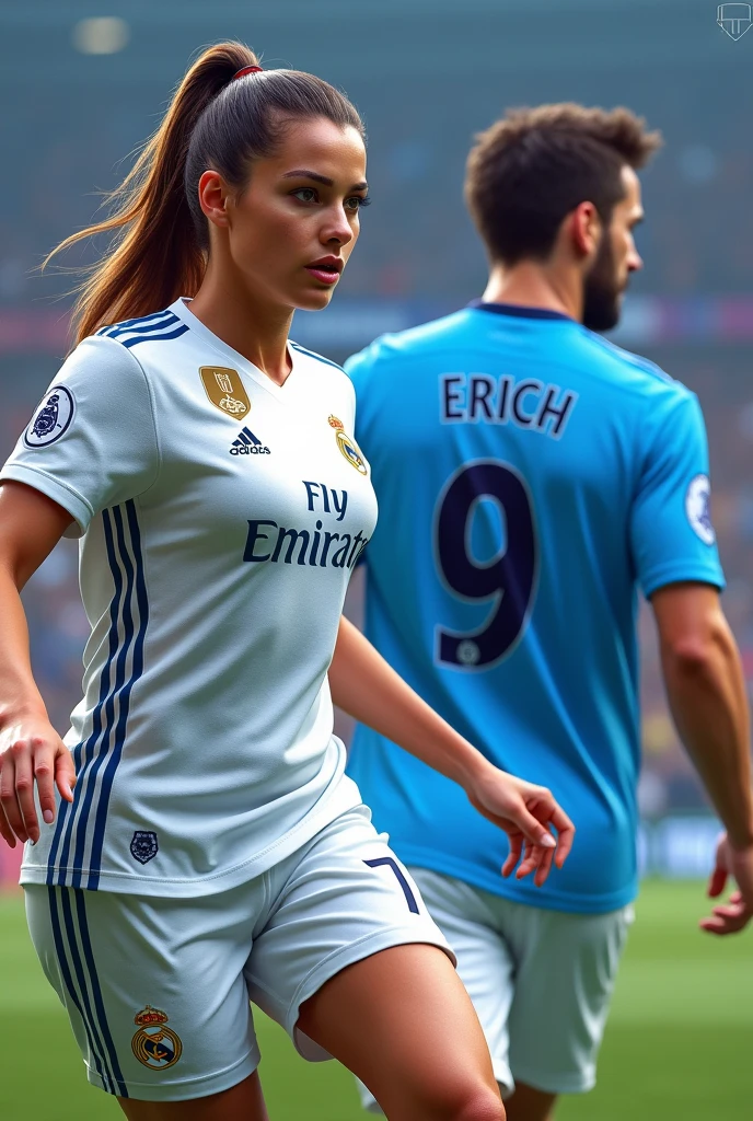 Woman with number 7 named Katleen and the Real Madrid shirt and man with number 9 named Erick and the Manchester City shirt 