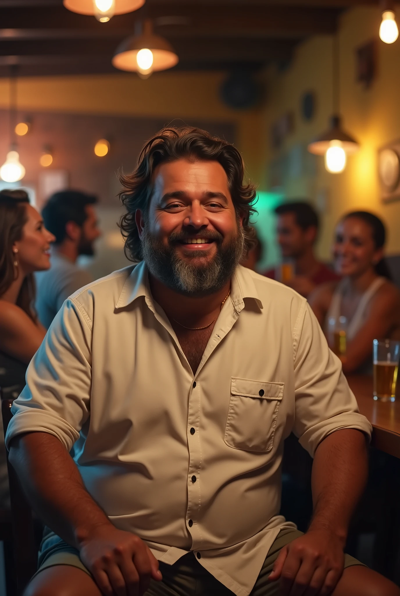 A slightly overweight, bearded Brazilian man in a bar, wearing a white shirt with black buttons, highlighting his smile and a glass of beer in his hand.