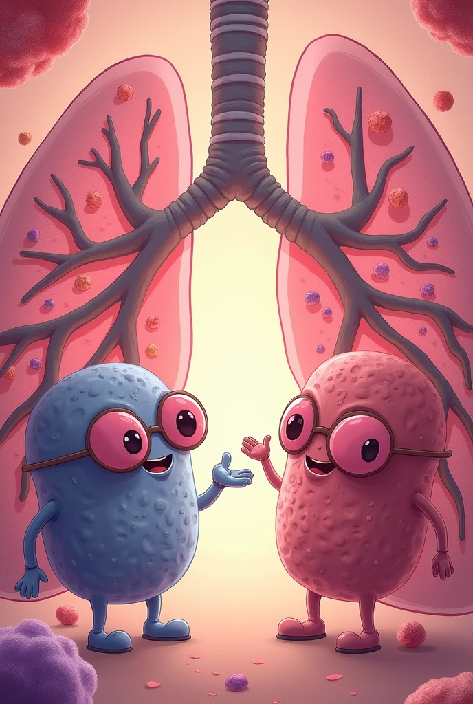 Pneumocyte type I and type II (Me) pointing out differences in each one