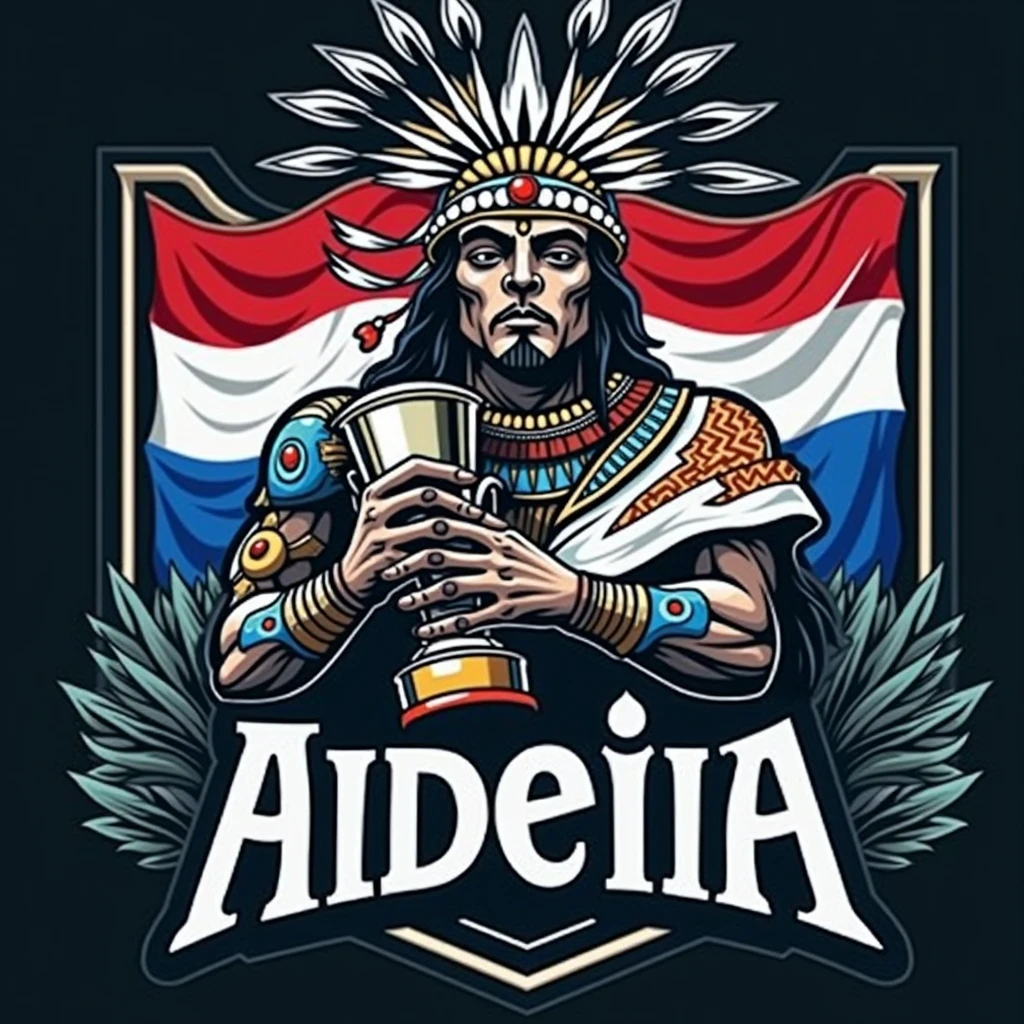 create a logo with the name ALDEIA with an indigenous god holding a trophy