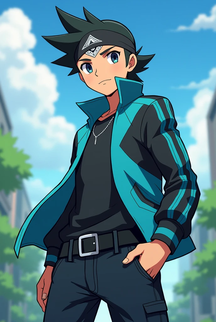 Make an Indian Pokémon trainer with a skater outfit and a bandana on his forehead. I want the color of his clothes to be black and cyan, but I want it with Pokémon anime features. I want the black bandana. Last request, I want him like that. I just want him to change his hair, leave him with his hair parted in the middle.