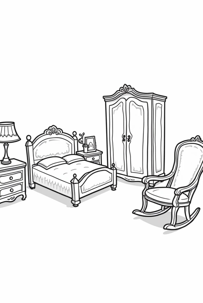 Black and white cartoon drawing without color of a bedroom with all the furniture