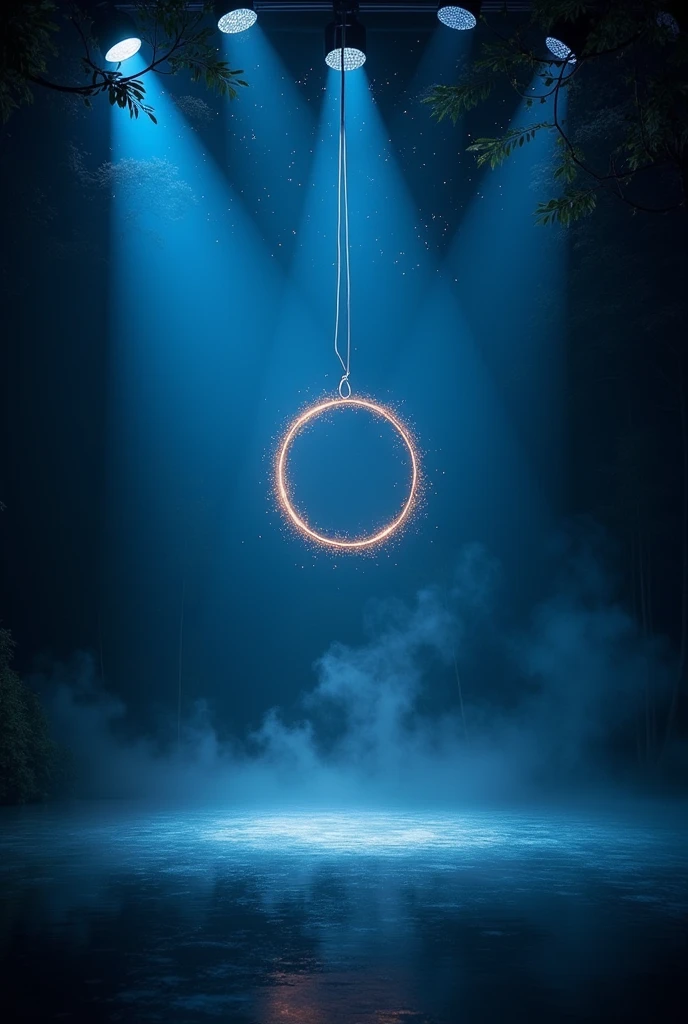 theater scenery that imitates the night, with lights and aerial hoop without people, without trees and without water