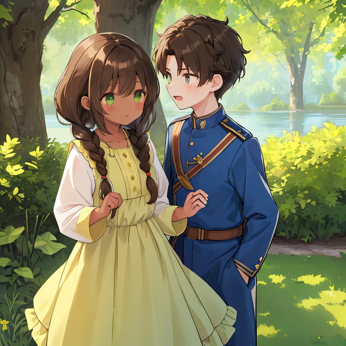 Lakeside surrounded by greenery, A scene where a boy and a girl meet, (A brown-haired white race boy wearing a blue military uniform:1.3), BREAK, (A girl wearing a light yellow loose dress with black hair tied in braids on both sides:1.2), girl is dark-skinned and green eyes, The scene of a fateful encounter.