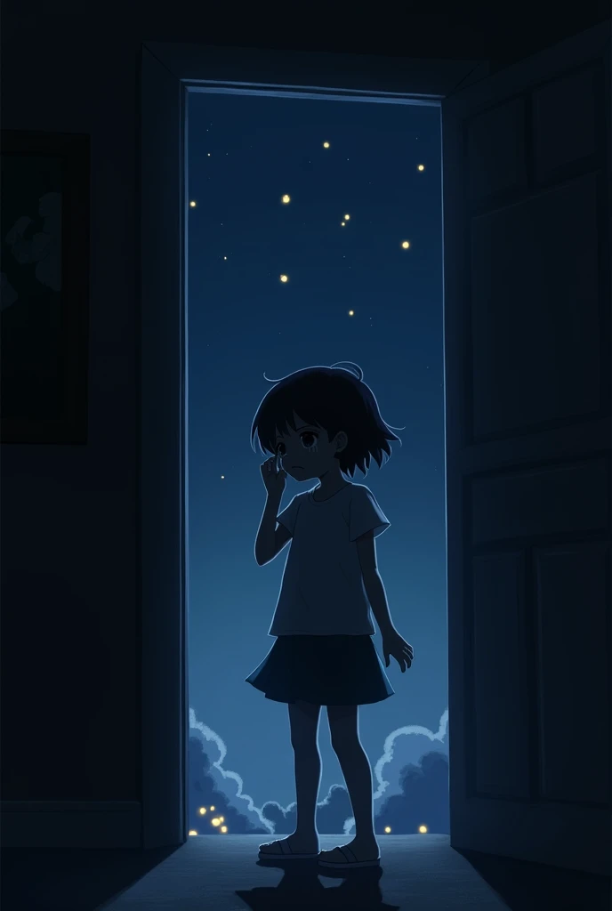 Girl near the open door.. crying.. But it&#39;s night outside.. 