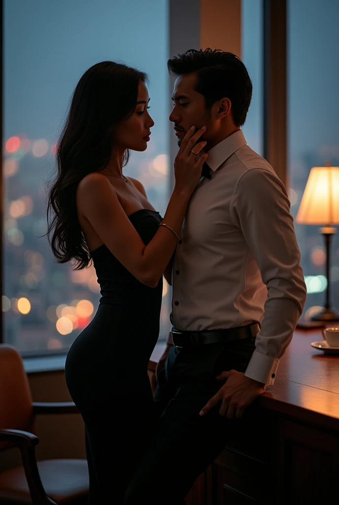 erotic scene, A sophisticated, dimly-lit office with floor-to-ceiling windows overlooking a city skyline at night, Evelyn Chen, a confident and stunningly beautiful woman in her late 30s, wearing a form-fitting black dress, is leaning against her mahogany desk, her hand gently caressing the cheek of Alex Tanaka, a handsome 1 intern, who stands close to her. He is dressed in a crisp white shirt and black trousers, his eyes locked onto hers with a mix of admiration and desire. The tension between them is palpable, as the city lights cast a soft glow, highlighting the forbidden nature of their relationship. Cinematic lighting, bokeh background, high detail, 4K.
