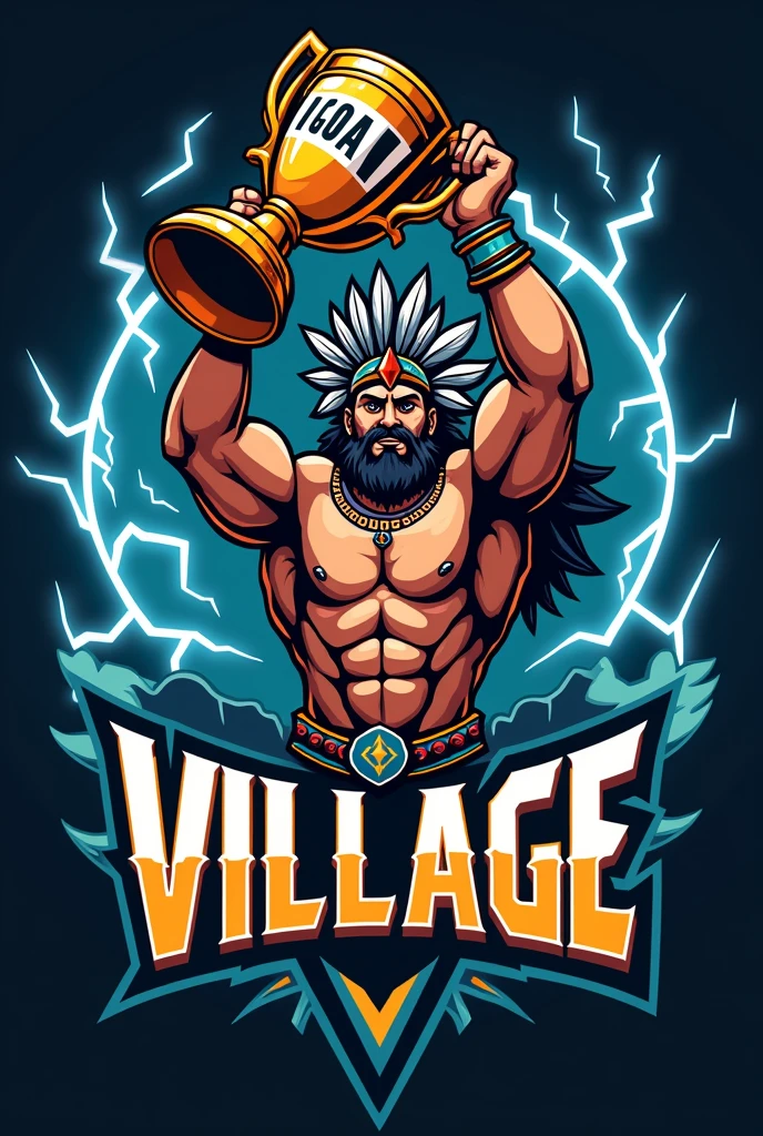create a sports logo with the name "village" with a mascot God of thunder Tupã holding a trophy written "goat" por dentro