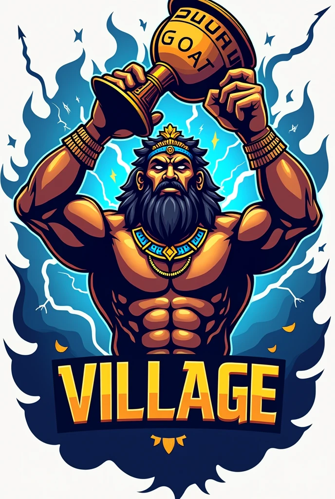 create a sports logo with the name "village" with a mascot God of thunder Tupã holding a trophy written "goat" por dentro