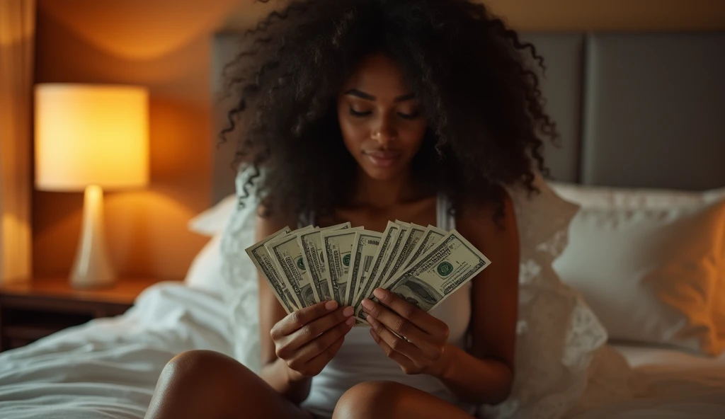 20-year old sexy, hot Nigerian female prostitute counting wads of cash in her hotel room.