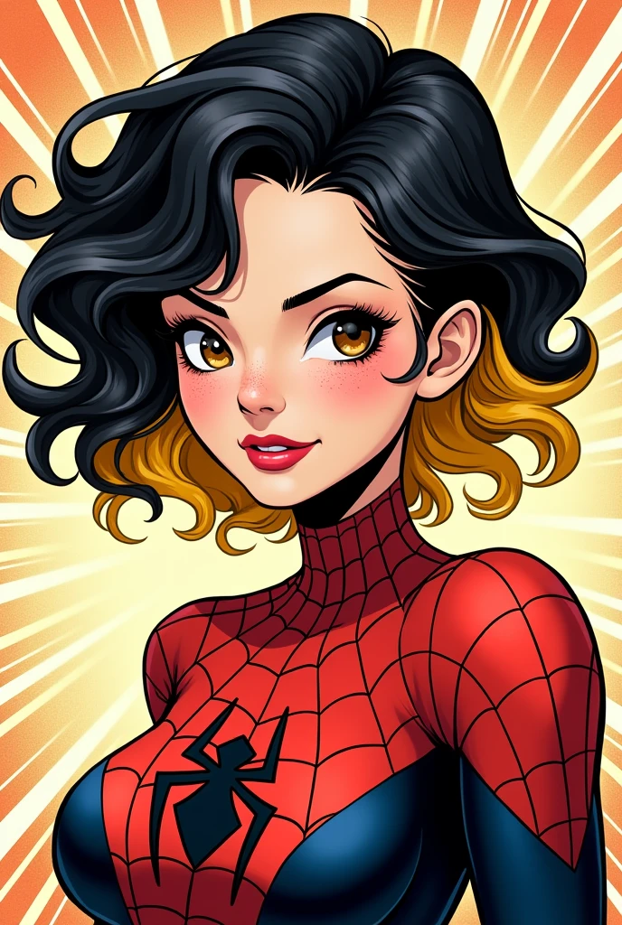 Make me a comic book girl dressed as spiderwoman, quite a bit of short curly black hair with yellow part below, semi-slanted eyes, semi-wide nose with freckles on parts of his face, face outlined with something round, Very pretty semi-wide lips and white skin, black eyes with some brown.. We don't know much