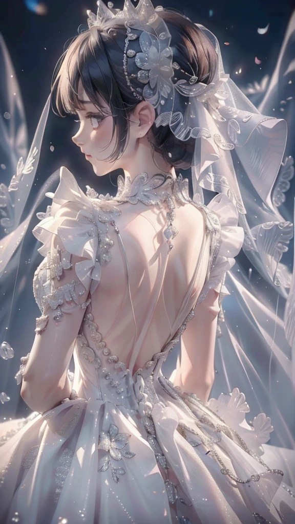 (Highest quality, High resolution, masterpiece:1.2,), figure, night, One person, whole body, (Wedding dress), Put your arms behind your back, Wait for a kiss, View your viewers, Happy, blush,