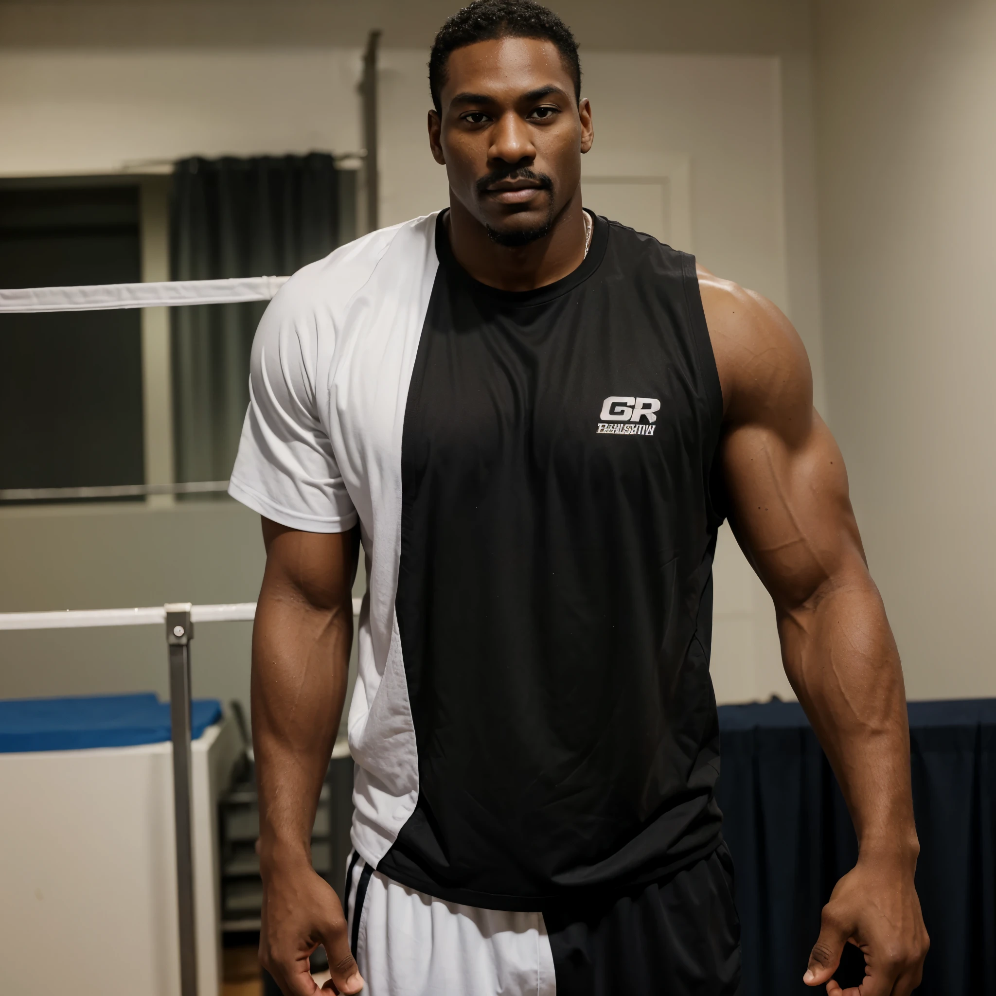 He is a dark-skinned Black man with a strong and muscular build. His height commands respect, as he is a tall man. At 5, he remains in great physical shape, being a dedicated volleyball coach. His physique is large and athletic, and he sports a thin mustache that complements his strong and imposing appearance."