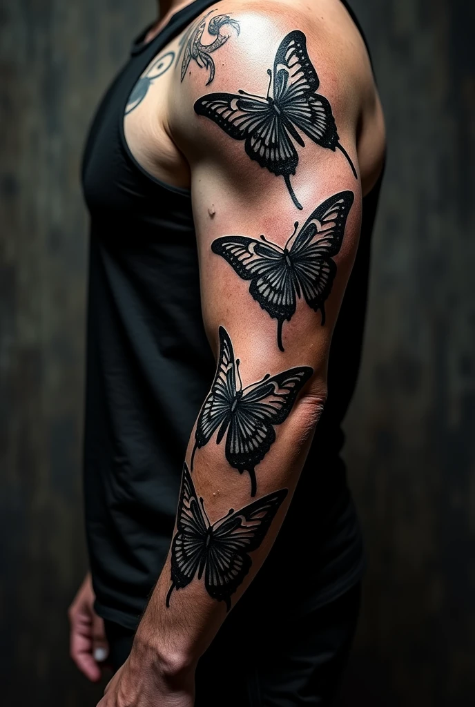 Create a tattoo sleeve with tribal style butterflies and more elements showing only the forearm but more demonic