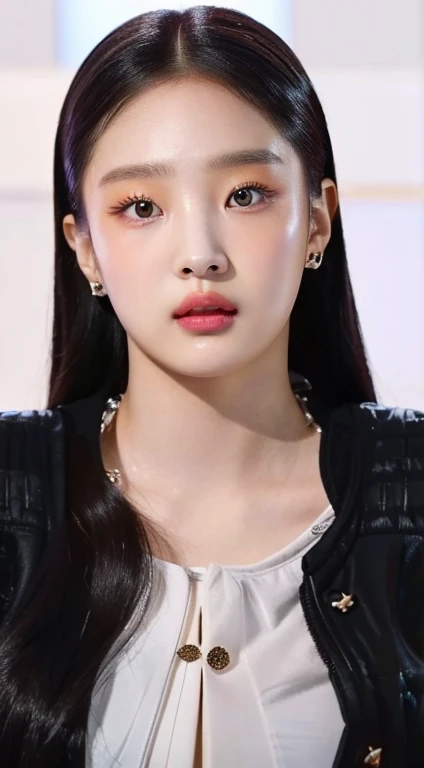 A close-up of a woman in a black jacket and a white shirt and golden eyes, lee ji-eun, Lee Ji Eun, black rose jisoo portrait, Jisoo from blackpink, iu lee ji-eun as supervillain, heonhwa choe, Kim Doyoung, parque me, Jisoo from blackpink, korean female actress, Jaeyeon Nam, Shin Min Jeong
