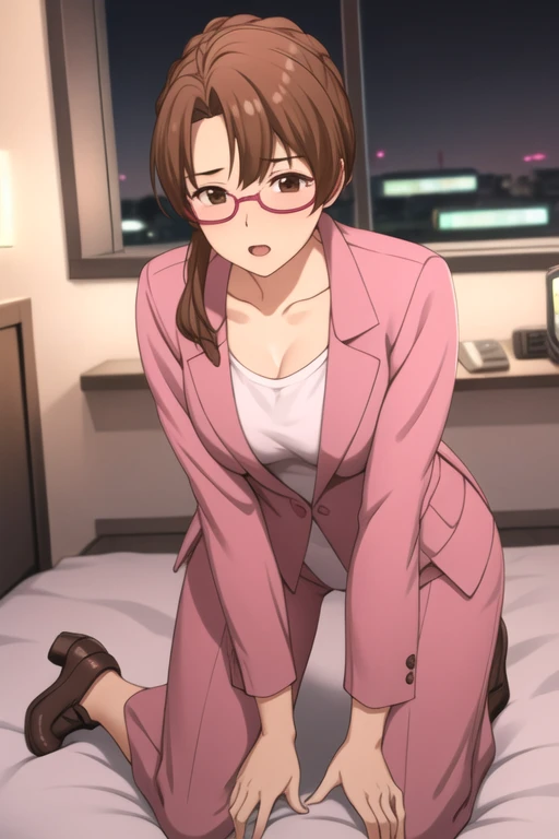 night office, night,Browsing Caution, One girl、Kneeling and getting a blowjob from a strong old man standing, shallow, release, Embarrassing, has an orgasm, darkness, masterpiece, Top quality half-naked,Ayumi_arima,Long Hair,Brown Hair,2 woman, Single Pigtail,Pink Lip, Glasses,Pink Suit,one goodid,shoes下, shoes,good, panties,netorare,Pink Suit, Grab your chest,