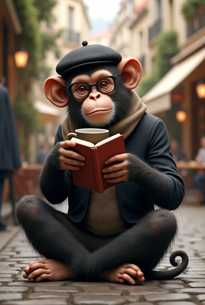 cultured monkey, cross-legged drinking coffee and reading a book on a street in France