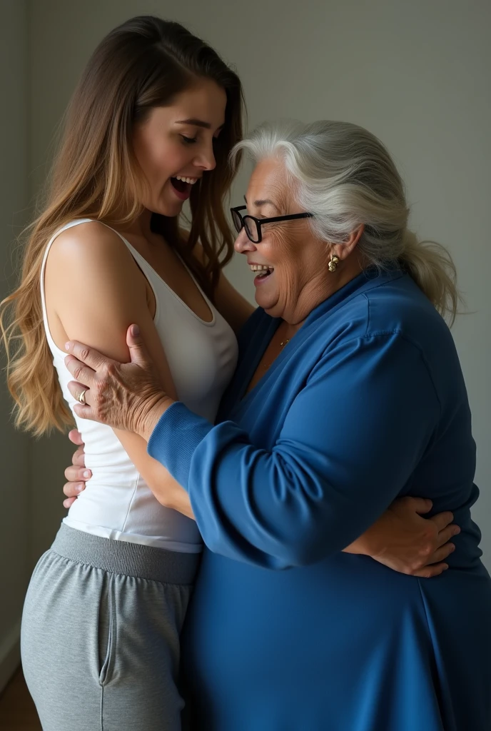 Create a photo of a 20 year old young woman, with a slender and beautiful body, wearing a white tank top and gray sweatpants, with white and clear skin, with long light brown hair, scared while being beaten and assaulted by a 90 year old lady, obese, dark black skinned, who wears glasses and a blue dress 