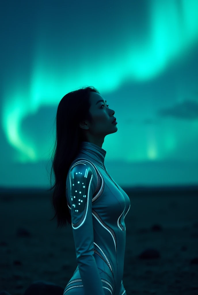 8k Beautiful Asian woman wearing futuristic suit, watching the night sky in the distance, with northern lights