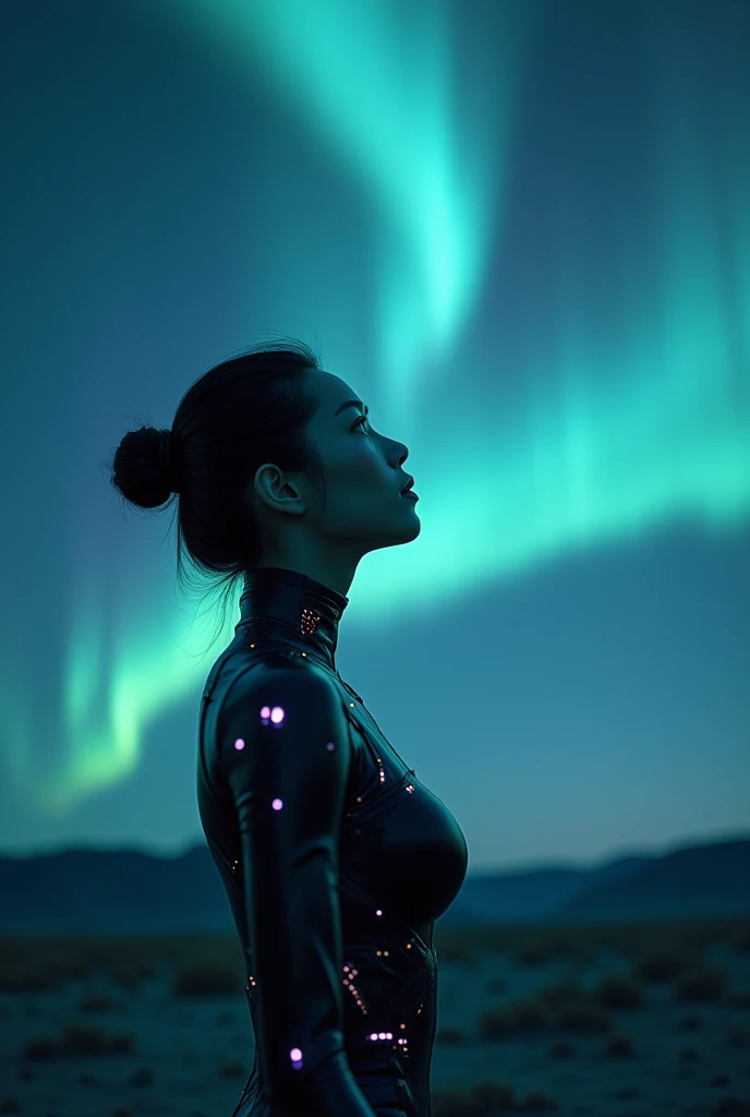 8k Beautiful Asian woman wearing futuristic suit, watching the night sky in the distance, with northern lights