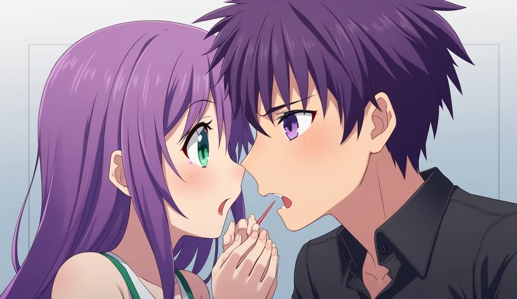 A girl with purple hair and green eyes sucking the penis of a boy with purple hair and purple eyes.